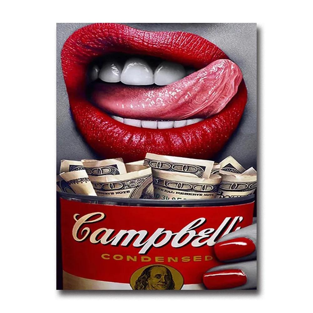 Sexy Woman Red Lips Money Rose Wall Art Posters Modern Home Living Room Bedroom Decorative Canvas Painting Picture Print Artwork