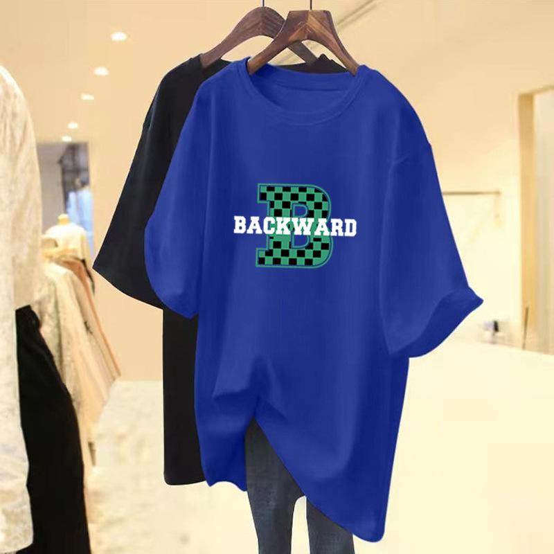 

Велика футболка з принтом, що закриває сідниці, жіноча літня 2025 нова велика версія середньої довжини вільна з коротким рукавом з чистої бавовни XXXL