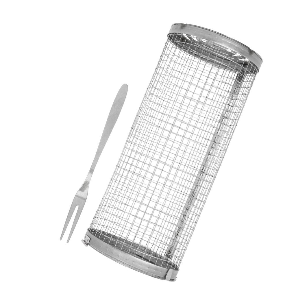 Rolling Barbecue Basket Open Grid Stainless Steel Wire Mesh Cylinder Grill Basket for Fish