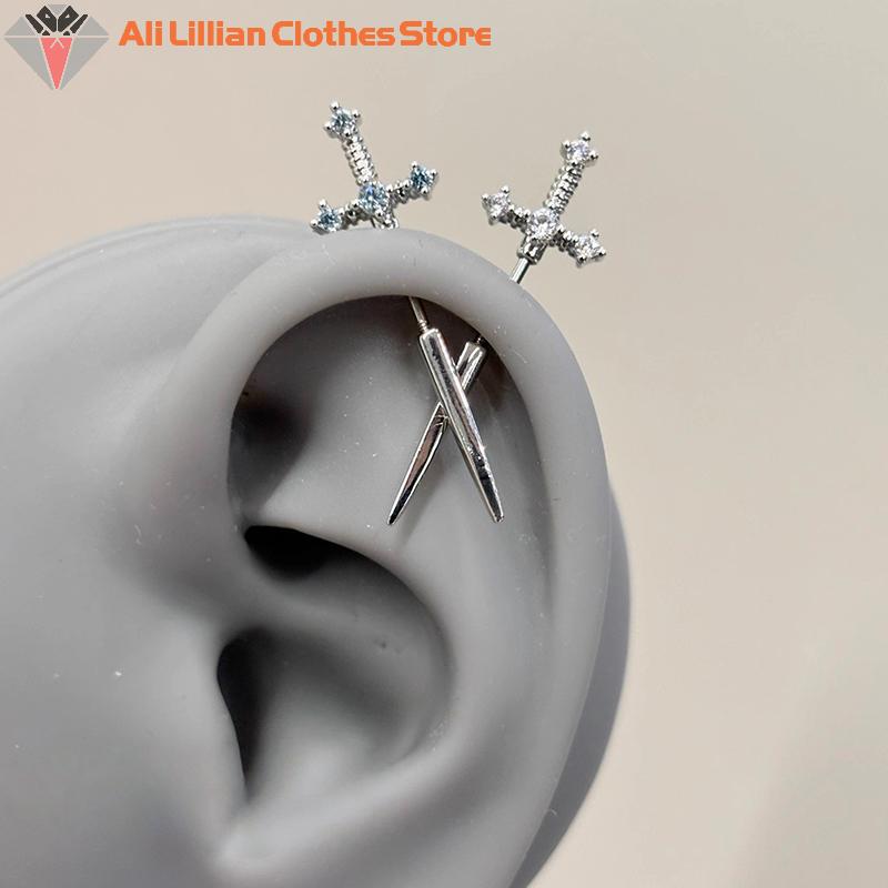 Neue Schwertförmige Strass-Kreuz-Ohrringe Punk Zirkon Schwebendes Helix-Piercing Ohrknorpel Für Damen Herren Schmuck Partnergeschenke