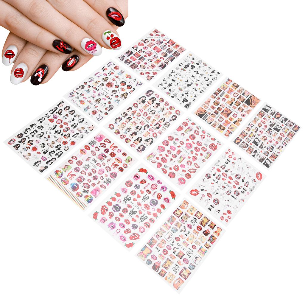 12 Sheet Lips Lady Pattern Nail Art Stickers SelfAdhesive Nail Decals Decoration