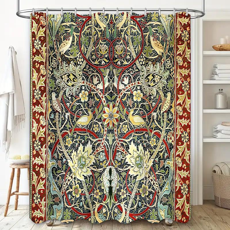 Vintage Floral Shower Curtain Botanical Pattern Bathroom Decor Nature Theme Waterproof Fabric Backdrop Washable Modern Style