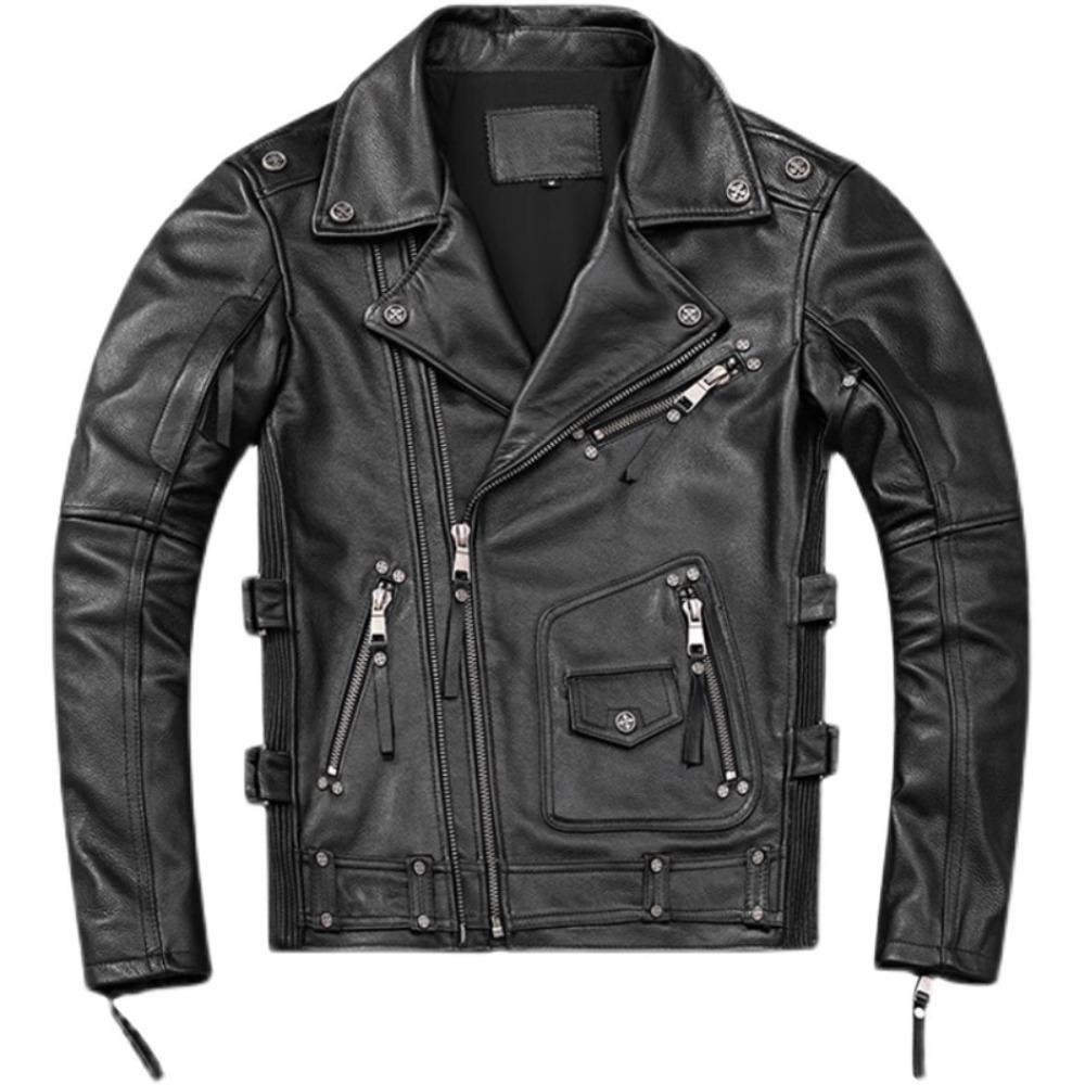Chinese Size Motorcycle Cowhide Genuine Leather Jacket Men Slim Stone Milled Retro Jacket Calfskin Coat Men Moto Biker Riding Clothes