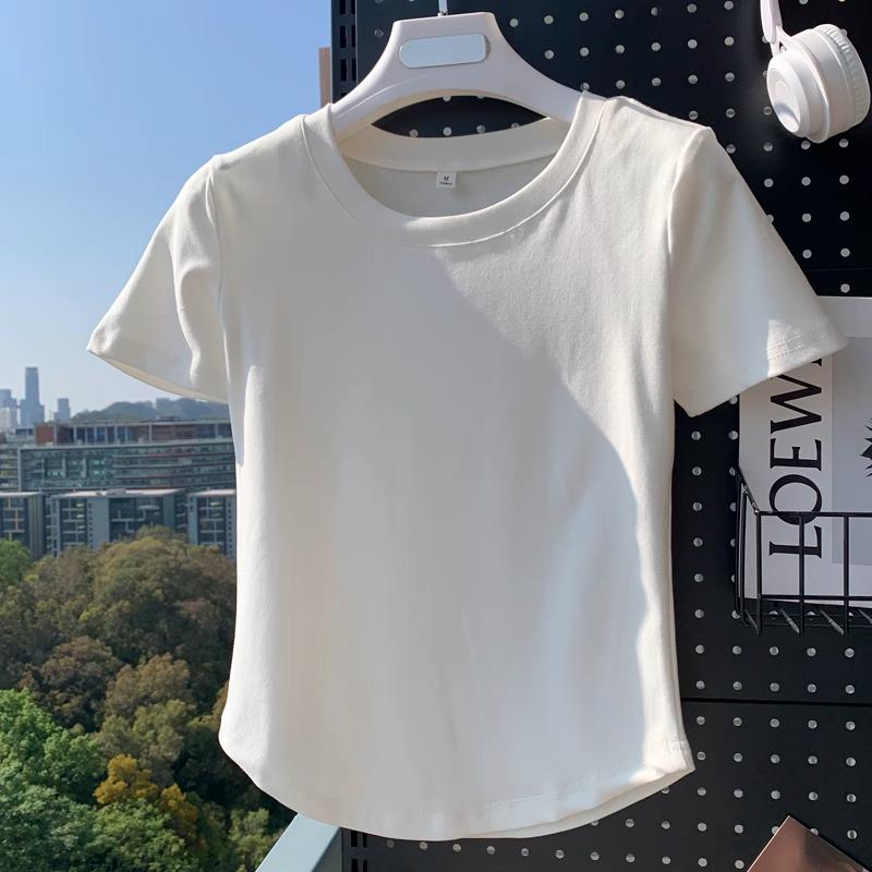 

2025 Summer Collection Women s Slimming Pure Cotton Straight Shoulder Short Sleeve Round Hem T-Shirt Medium білий