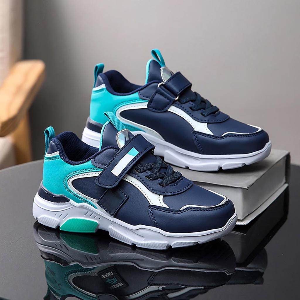 Children's Synthetic Leather Running Shoes Lightweight Breathable Athletic Sneakers Hook and Loop Closure Durable Outsole Flexible Design