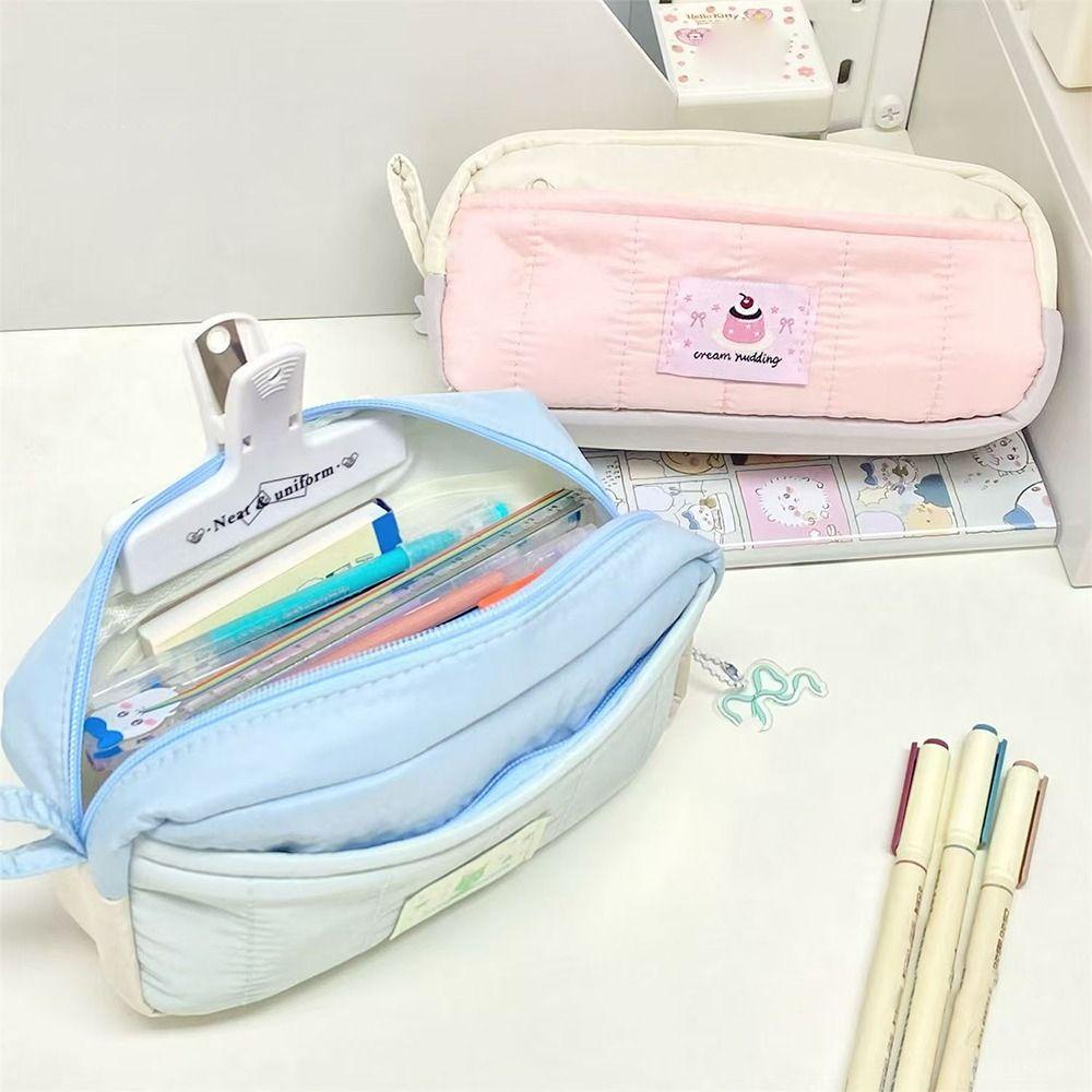 Colors-block Pencil Pouch Large Capacity Pen Bag Cute Pen Box  School Office