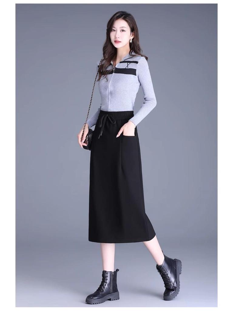 Plus Size Mid-Length Bodycon Slit Skirt for Autumn/Winter - Available With or Without Fleece