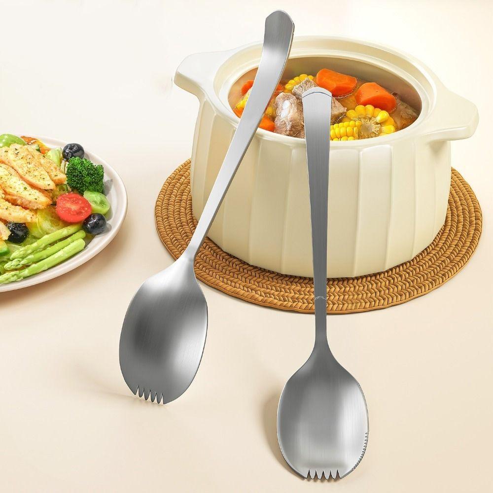 Long Handle Kitchen Spoon Fork Stainless Steel Serving Soup Spoon Integrated Spoon Fork  for Home