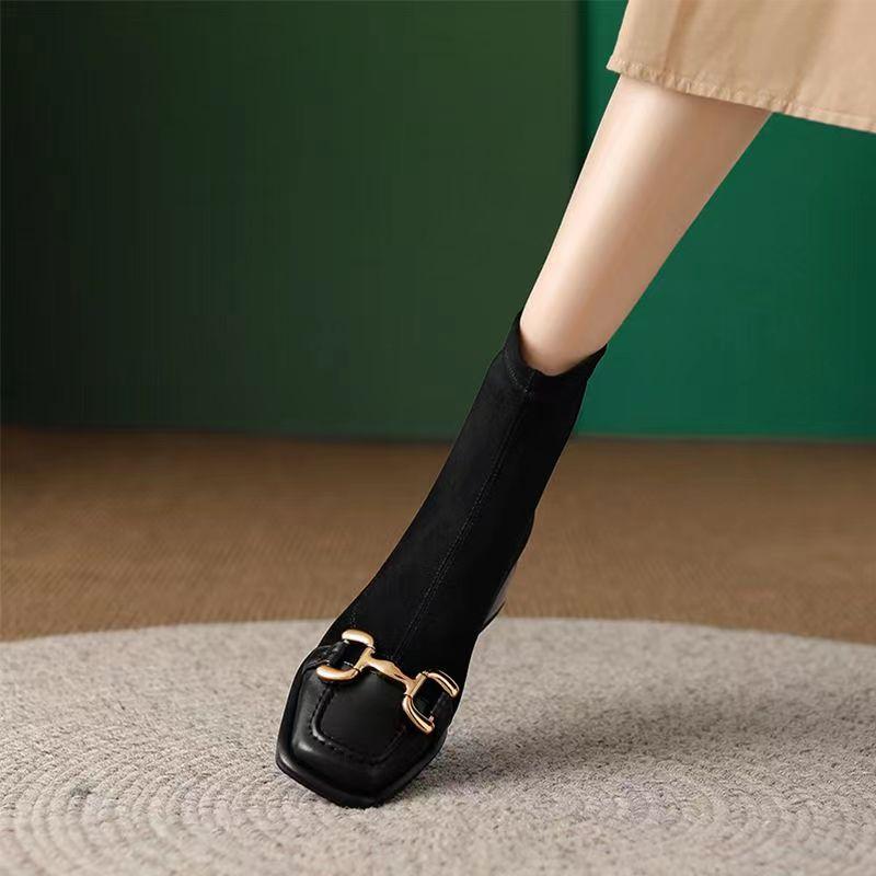 Fashion Black Elastic Socks Boots Spring Women's New Square Head Antique Short Boots Chunky Heel Boots Autumn Thick Heel Women's Boot