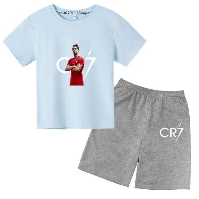 Kids Fashion Summer CR7 Sports Suits 3-14 Years Boys Girls 2pcs Casual Short Sleeve T-shirts+Pants Sets Children Idol Clothes