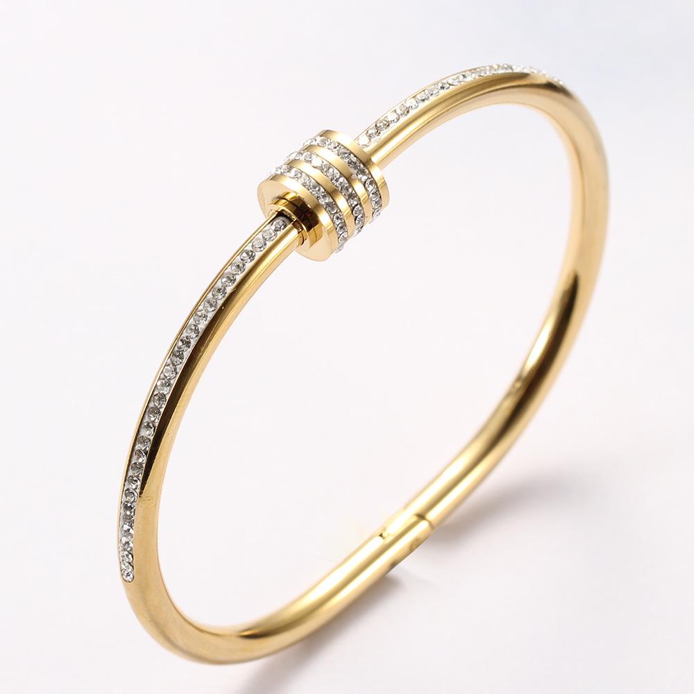 European & American 65MM 18K Gold Stainless Steel Bracelet with Ceramic Clay & Rhinestone Inlays