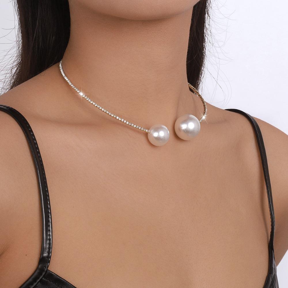 Rhinestone Large Pearls Necklace Korean Style Open Collar Necklace Heart Collar Choker  for Women