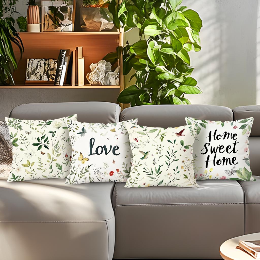 4 Pcs Country-Style Floral Plants Single-Sided Printed Pillowcase Cushion Cover,Suitable For Living Room,Bedroom,Car Decoration