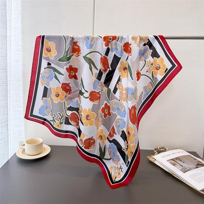 Designer Fashion Flower Print Satin Square Silk Scarf Women Wraps Lady Scarves Shawl Neckerchief Foulard Bandana