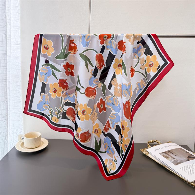 

Small Fresh Printing Imitation Silk Scarf Square Scarf High-End Shawl Versatile Neck Small Square Scarf Headscarf Women Unilateral 66-70CM