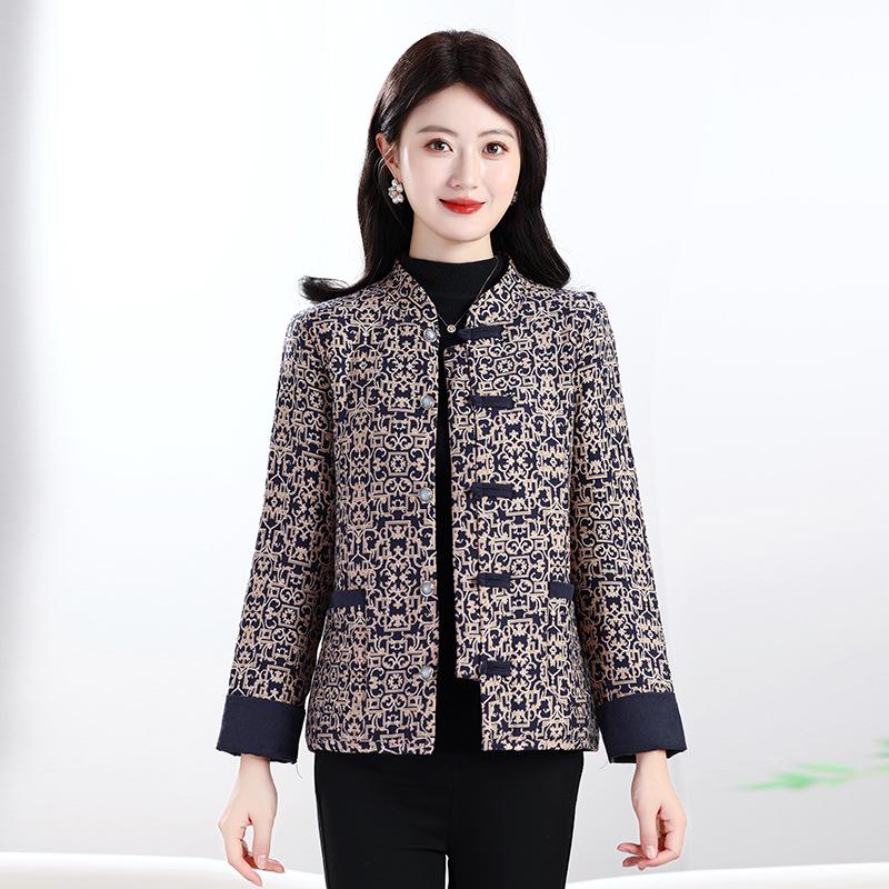 Dámská bunda slim fit ze směsi bavlny: Podzimní/Zimní Národní Styl, Hřejivý Kabát pro Matky Středního Věku a Starší s Plus Sametem.