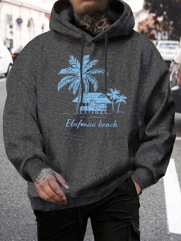 Beach Coconut Trees Creative Printed Men Hoodies Multicolor Loose Hoody Autumn Fleece Streetwear Pocket All-Match Unisex Tops