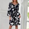Women's Fashion V-neck Color Large Size Loose Long Large Swing 3/4 Sleeved Dress