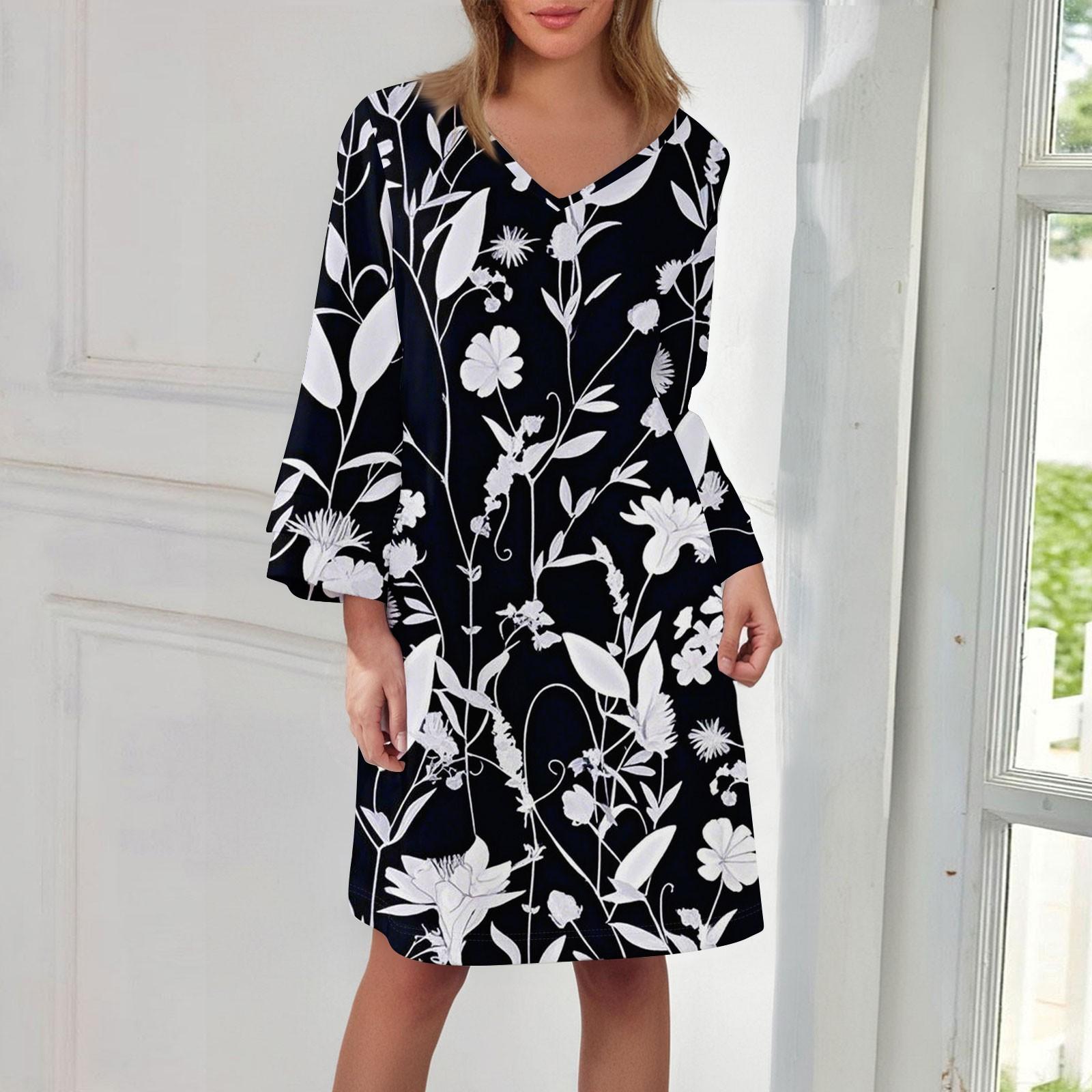 

Women s Fashion V-neck Solid Color Large Size Loose Long Large Swing 3/4 Sleeved Dress XL білий