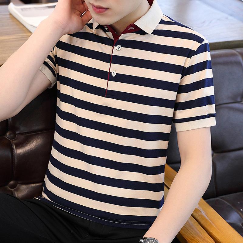Summer New Men's Short-sleeved T-shirt Striped Pure Cotton Thin Business Lapel Men's Polo Shirt Men's Style