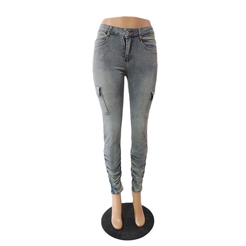 Mode Plissee Bleistiftjeans Mittelhoch Damen Seitentaschen Patchwork Denimhose Damen Slim Fit Pendlerhose Trend Streetwear