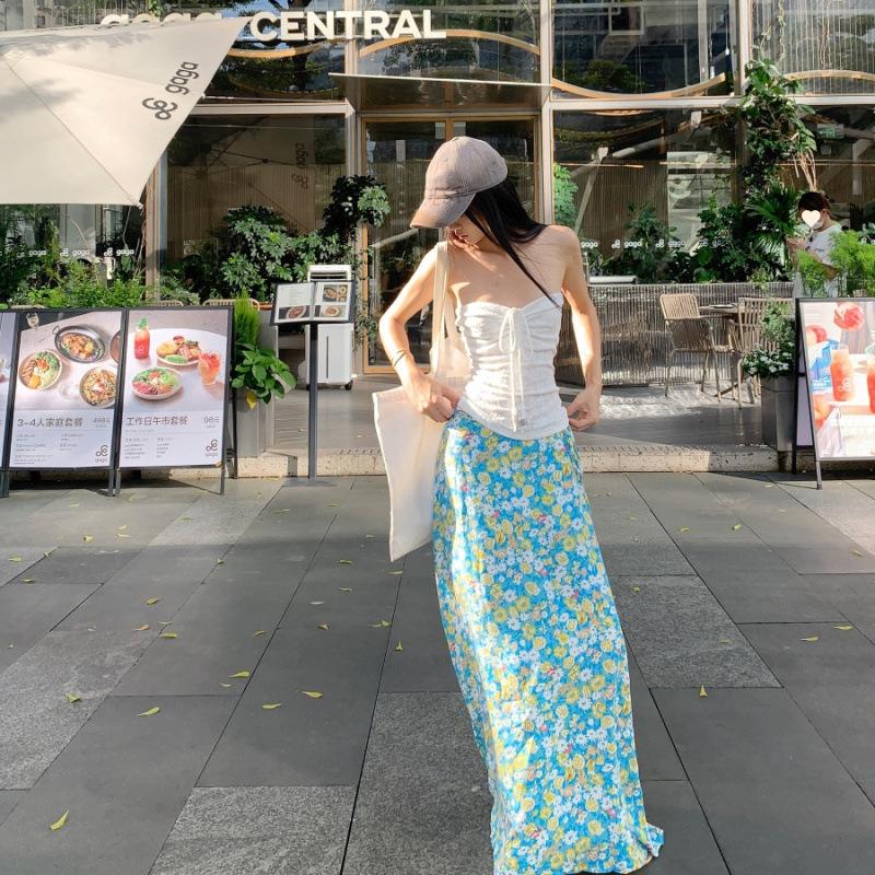 Pure Desire Wind Pleated Slim Tube Top Women's Summer New Floral Slim High Waist Skirt Fashion Suit