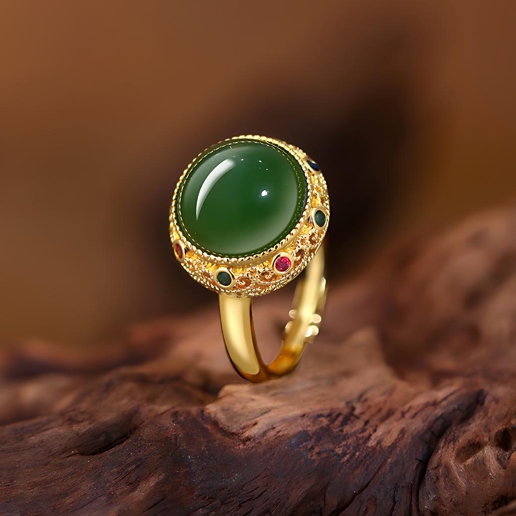 PANJBJ Anello Geometrico in Argento Sterling 925 con Giada di Hotan per Donna Ragazza Regolabile Gioielli Delicati Retrò Regalo di Compleanno Dropshipping