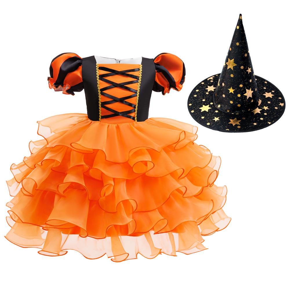New Girls' Halloween Puff Sleeve Mesh Dress Costume