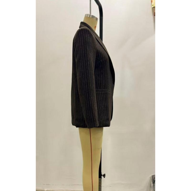 Women's Striped Open Front Blazer, Thick Woolen Suit Jacket, Elegant Commuter Waist Slimming Design,Stylish No Button Ladies Business Outerwear