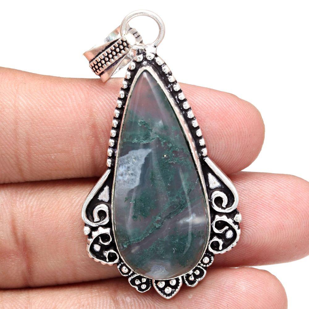Pendant Moss Agate Gemstone Handmade Mother'Day Silver Jewelry 2.25"