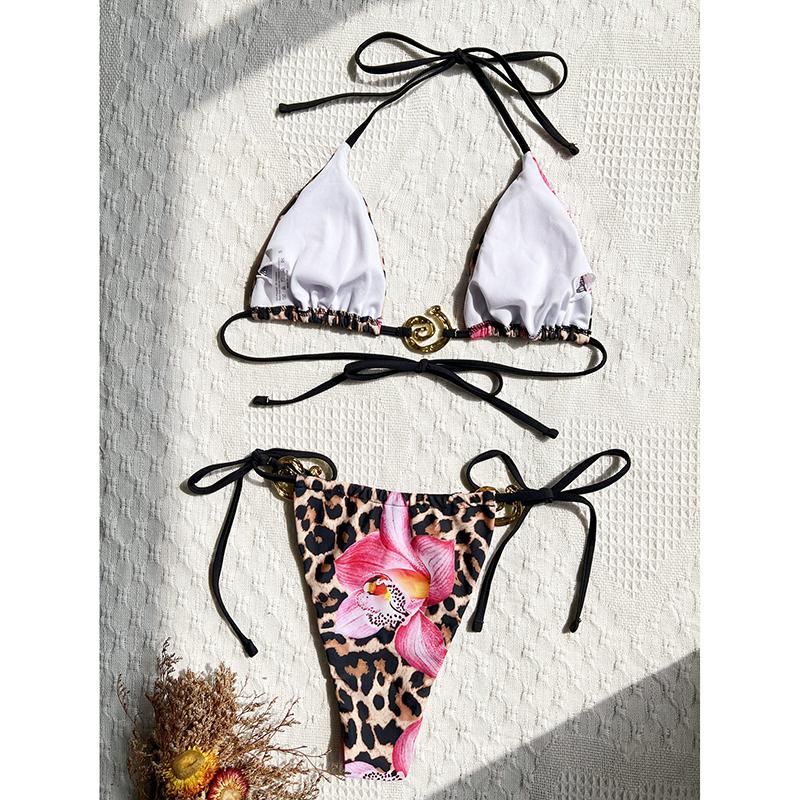 Leopard Floral Halter Bikini Women Swimwear Female Swimsuit Two-pieces Bikini Set Padded Bather Bathing Suit Swim