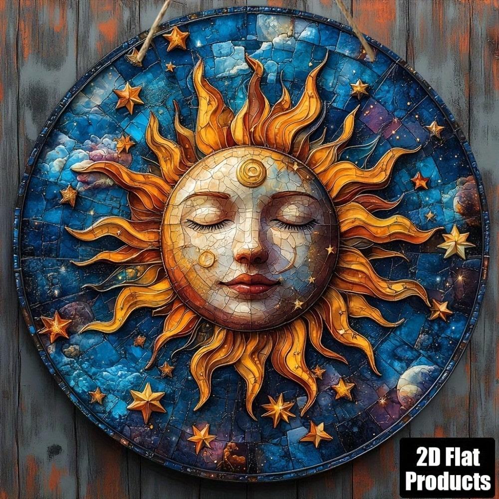 Iron Sheet Art Abstract Sun Moon Round Wall Decor 8x8 Inches 2D Flat Metal Painting Home