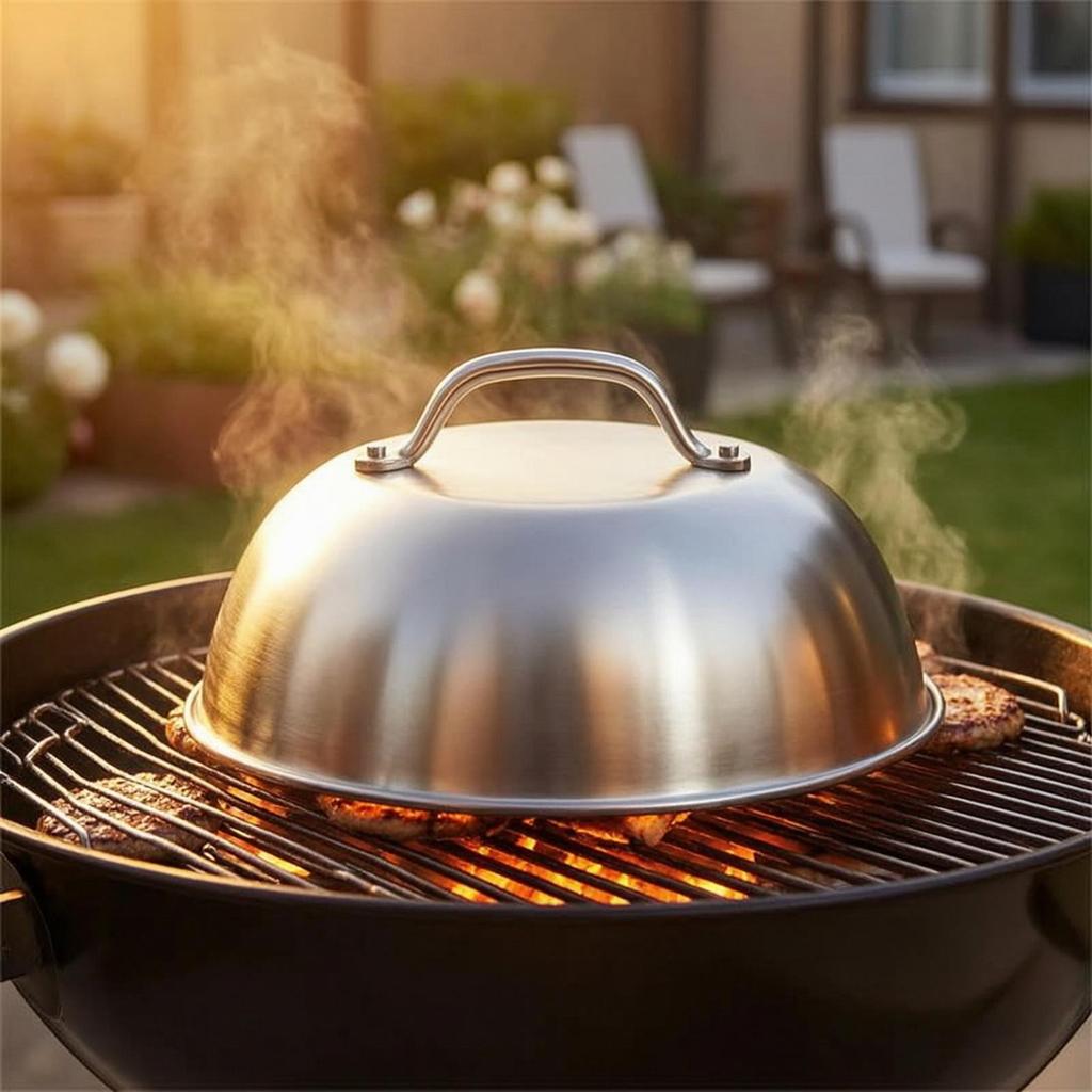 BBQ Dome Cover Stainless Steel Griddle with Handle Brushed Grill Lid for Backyard Cooks,