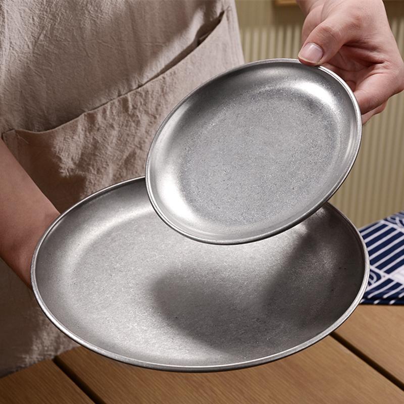 Retro korejský nerezový úložný tác na potraviny, ovocný dort, steak, kulatý talíř, dekorativní mělké nádobí, kuchyňský organizér