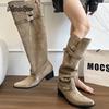 Fashion Hot Girls Footwear Street Style Pleated Long Boots Pointed Toe Slip on Black Khaki Knee-High Mid Heel Autumn Boots for Woman 35