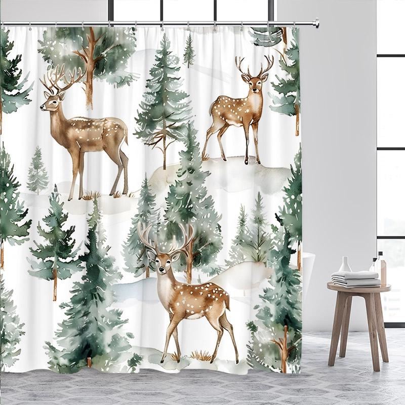 

Рождественский лось Шторка для душа Фермерский дом Сосновая ветвь Олень Животное Кедр Зимний лесной пейзаж Тканевые шторы для ванной Комната декор 180x200cm-70x78in