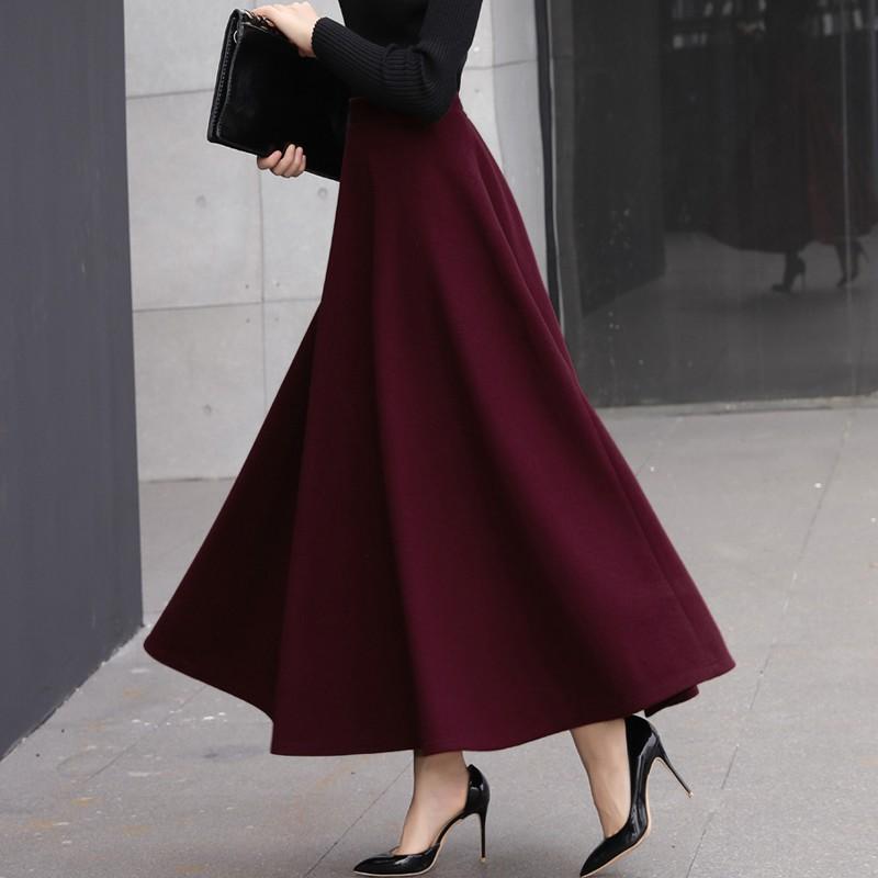 Fusta Tooxika de lână pe jumătate, Fusta lungă cu talie înaltă și tiv mare, Fustă îngroșată în linie A, Fusta umbrelă
