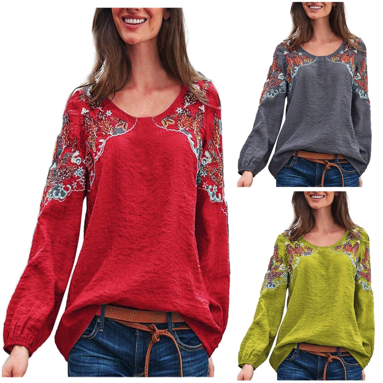 

Женская модная повседневная темпераментная блузка с длинным рукавом и круглым вырезом с вышивкой