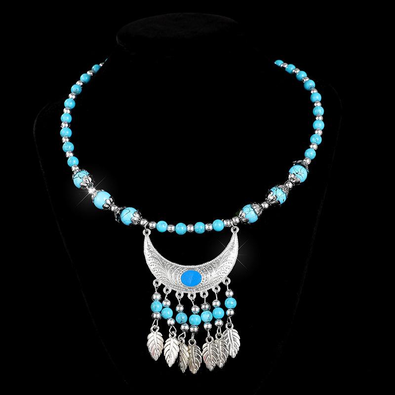 Ethnic Style Collar Necklace Ethnic Style Headdress Hair Accessories Crescent Leaf Tassel Seedling Silver Necklace Bridal Accessories