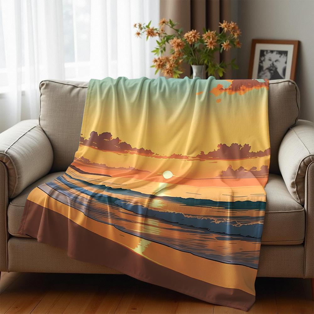Golden Beach Sunset Cartoon Anime Print Flannel Blanket Soft Warm Throw for Kids Bedroom Sofa Christmas Office Car