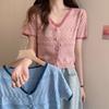 Ice Silk Short Sleeved T-shirt for Women In Summer Thin Cut with A Unique Design That Covers The Belly. Short Cut Hollow Knit Top
