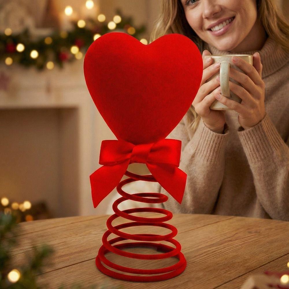 Romantic Valentine's Day Decoration Glitter/Velvet Red Heart Heart Treetop Ornament Spiral Base Flexible Heart Tree Topper