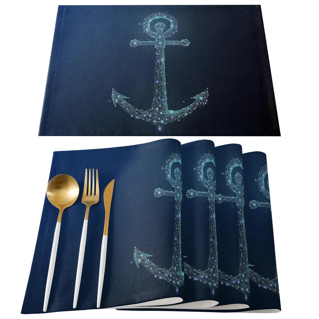 Nautisch Placematten Set, Anker Tafelmatten Wasbaar Zomer Kust Print Placemat voor Vakantie Banket Eetkamer Keukentafel Decor