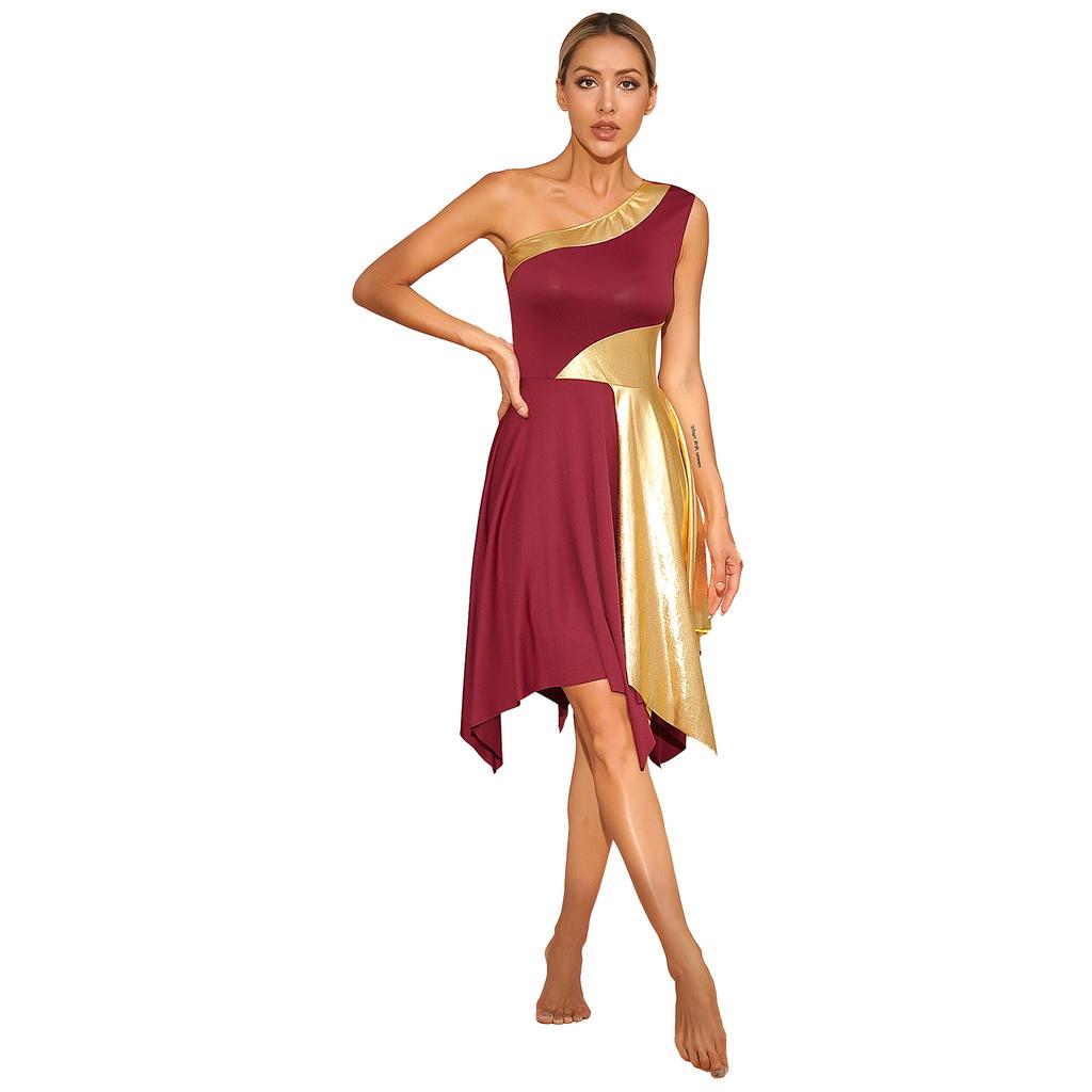 Womens Metallic Worship Praise Dance Dress Color Block One Shoulder Irregular Hem Sleeveless Dresses Performance Costume