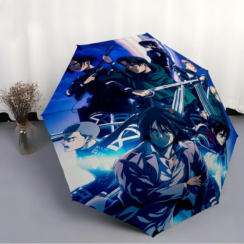 Attack On Titan Print Automatic Umbrella, 8 Rib Iron Frame, Plastic Handle, Suitable for Outdoor Travel &Daily , Ideal Gift