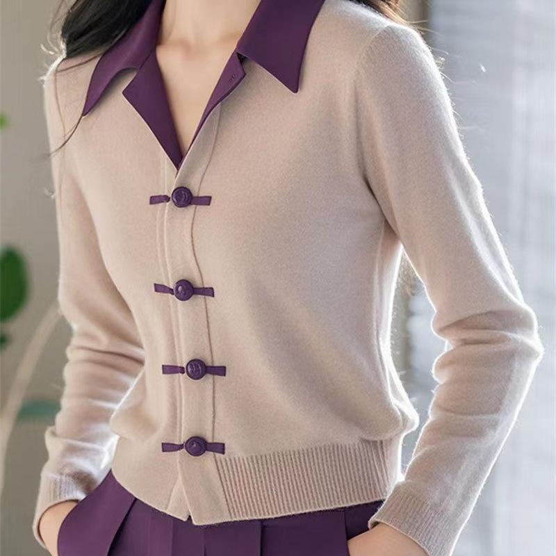 Женская одежда осень-зима отложной воротник контрастного цвета с длинным рукавом свитер вязаный пуловер винтовая нить стильные топы one size хаки 2246₽