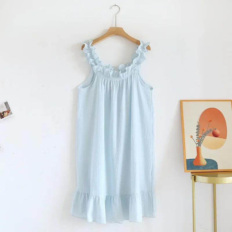 Ladies Summertime Cotton Yarn Pure Cotton Thin Suspender Nightdress Loose Mid-length Sweet and Lovely Long-cut Home Dress Camisola Sexy