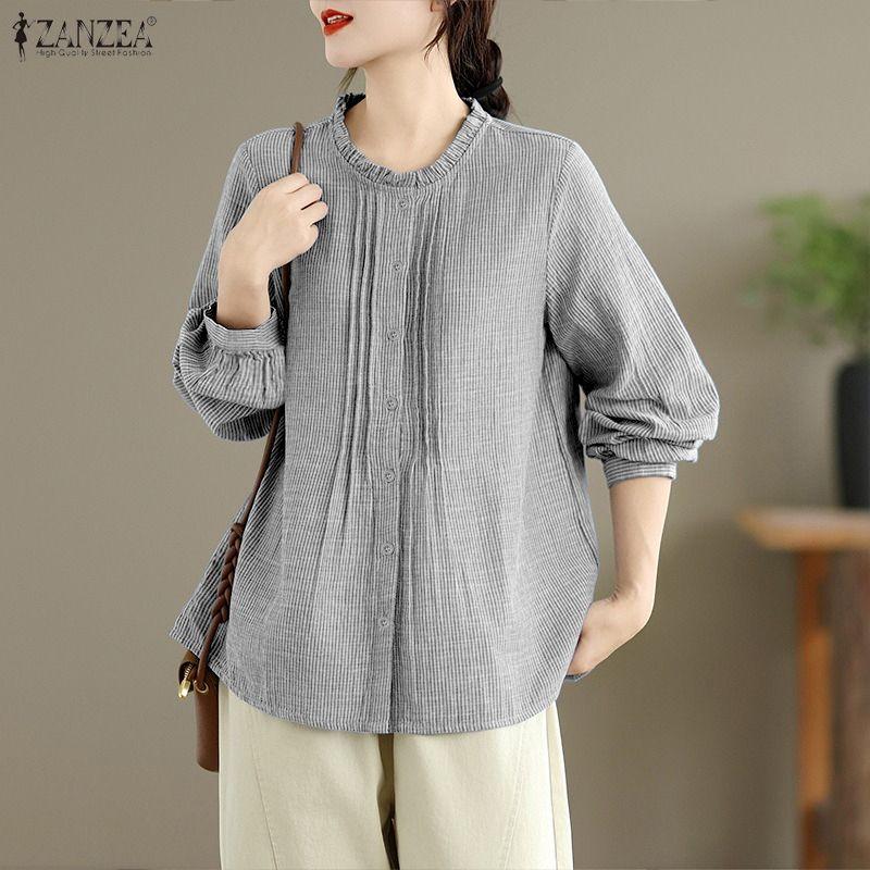ZANZEA Women Round Neck Long Sleeve Casual Stripe Blouse