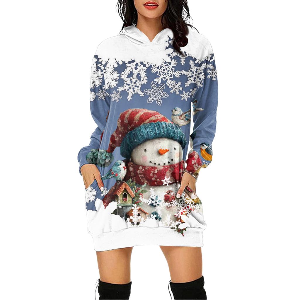 Rochie Pulover cu Glugă și Mâneci Lungi cu Buzunar și Imprimeu de Crăciun pentru Femei