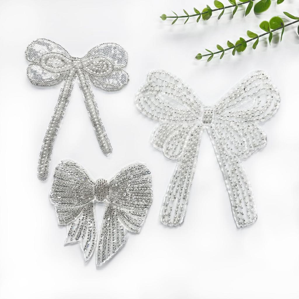 Eugen Yarn Beaded Silver Bow Lace Embroidered Cloth Sticker Wedding Dress Headgear Dress Decorative Accessories
